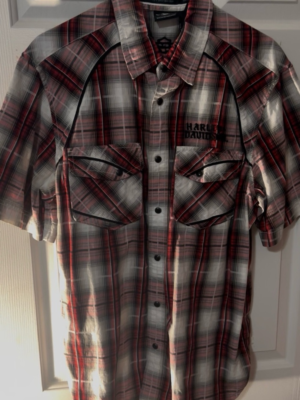 Harley-Davidson Red and Black Plaid Short-Sleeve Button-Down Shirt